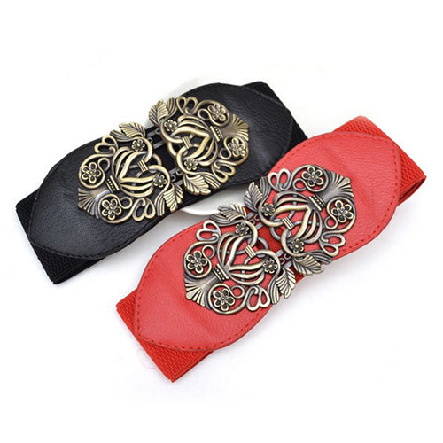 Women Vintage Adjustable Flower Elastic Stretch Buckle Wide Waist Belt Waistband