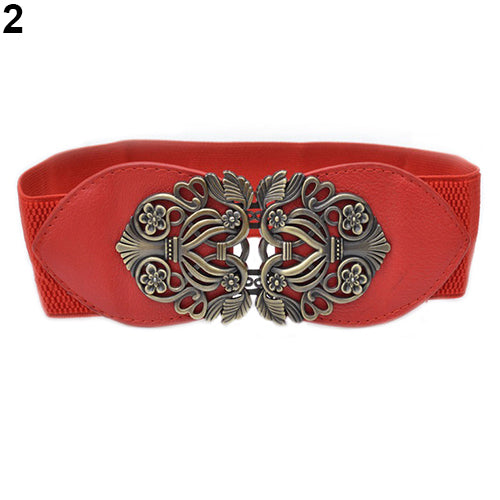 Women Vintage Adjustable Flower Elastic Stretch Buckle Wide Waist Belt Waistband