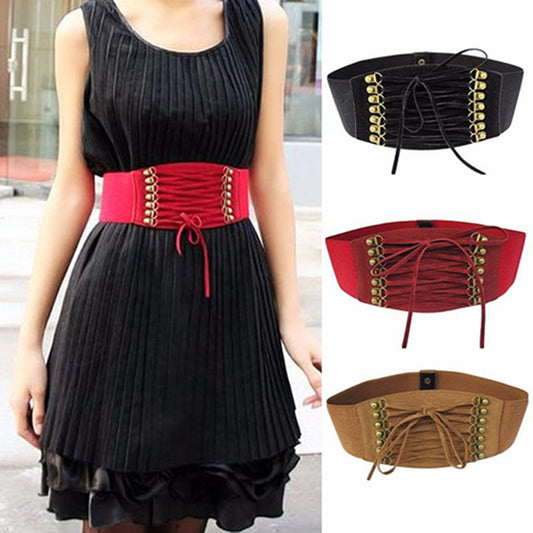 Women Fashion Wide Elastic Stretch Belt Tassel Lace Up Corset Waist Waistband