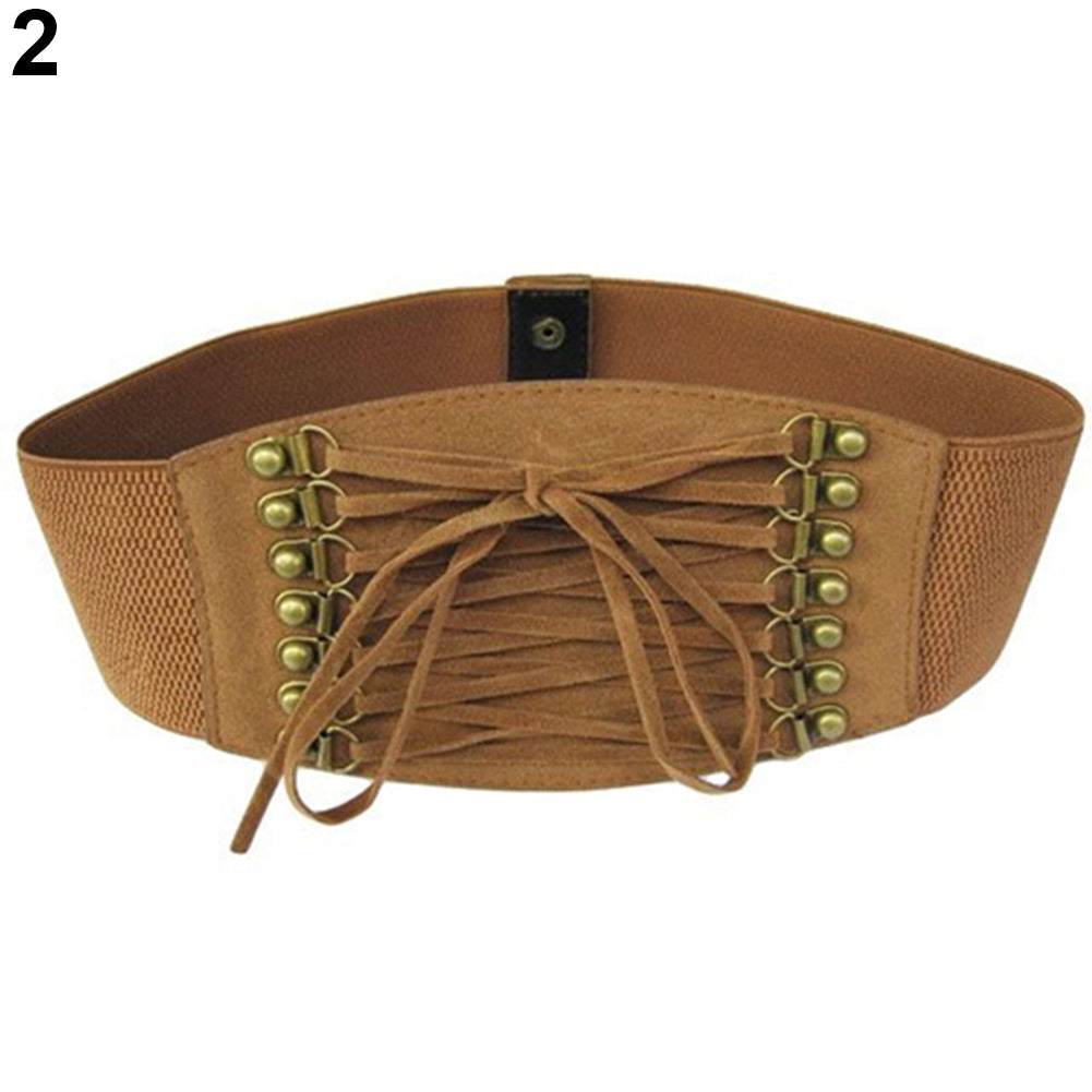 Women Fashion Wide Elastic Stretch Belt Tassel Lace Up Corset Waist Waistband