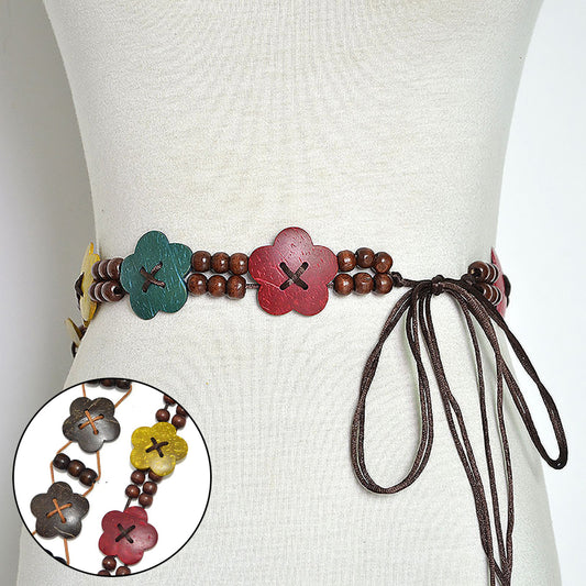 Ethnic Style Women Wood Beads Flower Wide Waist Belt Self-Tie Dress Waistband
