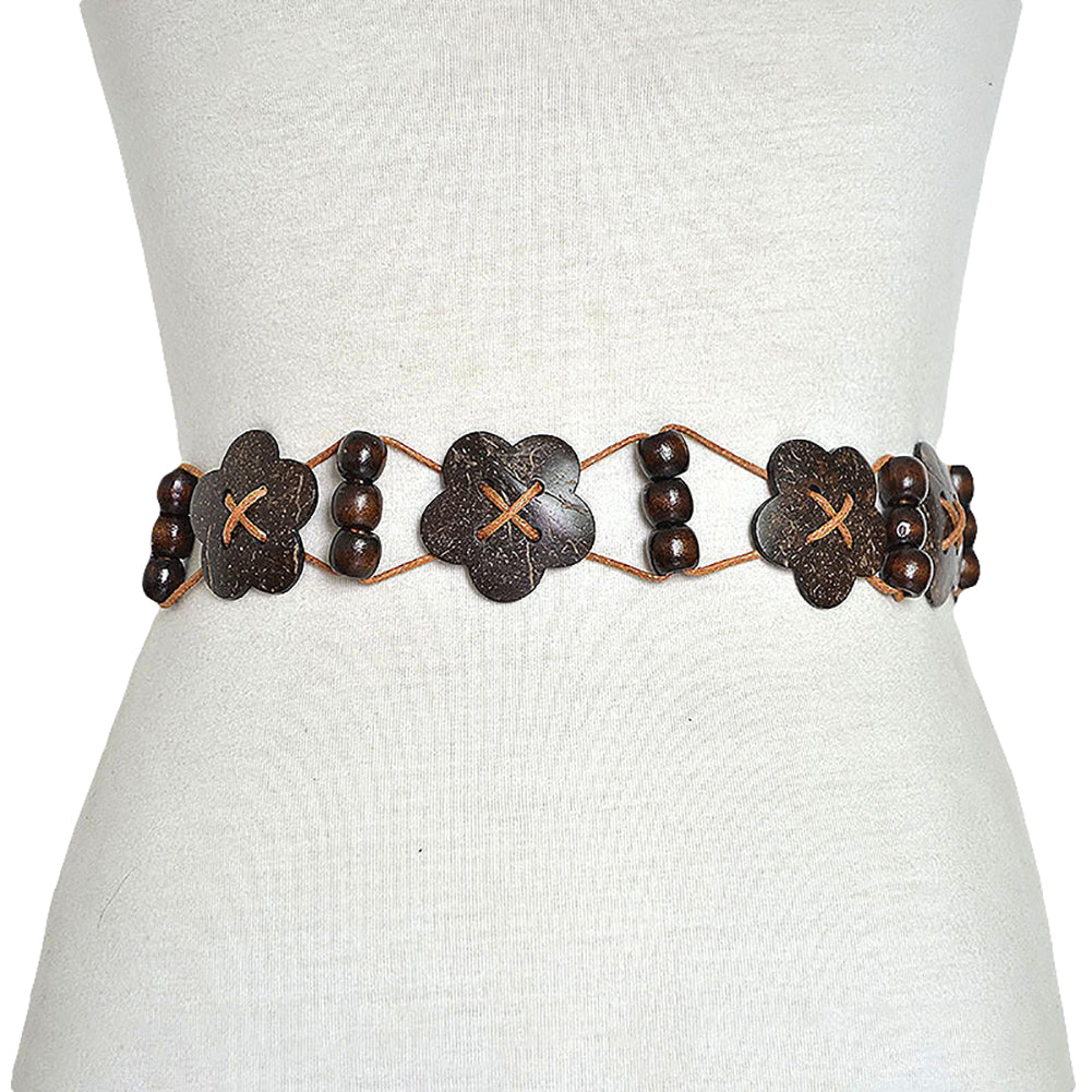 Ethnic Style Women Wood Beads Flower Wide Waist Belt Self-Tie Dress Waistband