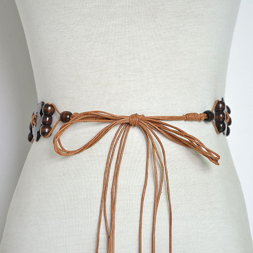 Ethnic Style Women Wood Beads Flower Wide Waist Belt Self-Tie Dress Waistband