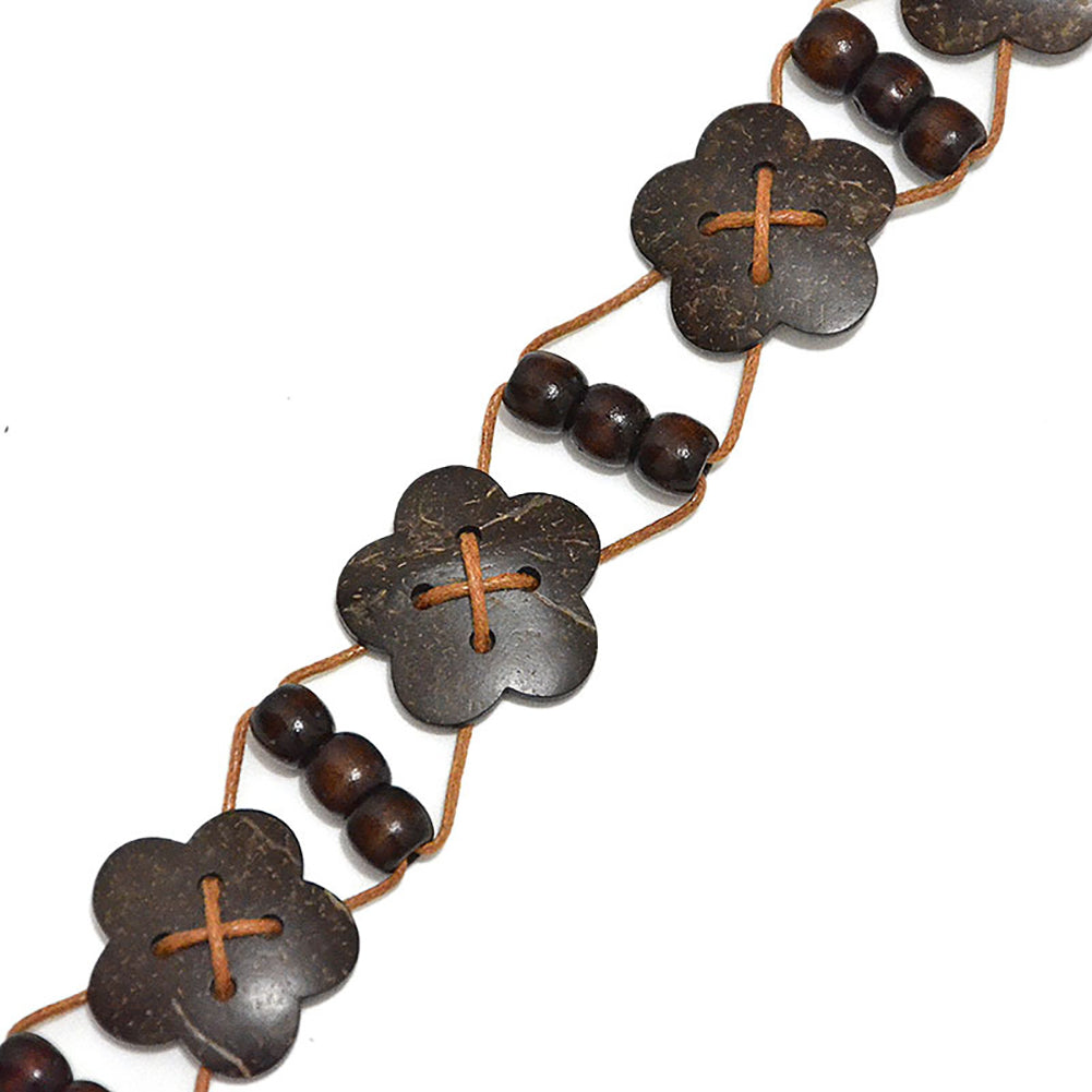 Ethnic Style Women Wood Beads Flower Wide Waist Belt Self-Tie Dress Waistband