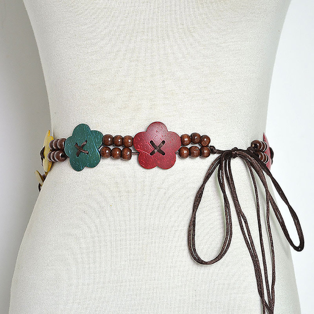 Ethnic Style Women Wood Beads Flower Wide Waist Belt Self-Tie Dress Waistband