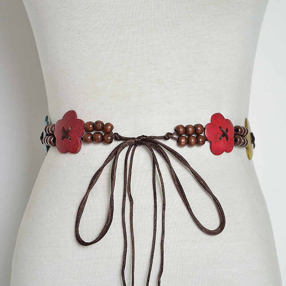 Ethnic Style Women Wood Beads Flower Wide Waist Belt Self-Tie Dress Waistband