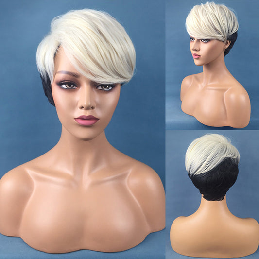 Black to White Mixed Color Women Wig Short Straight Cosplay Party Hairpiece