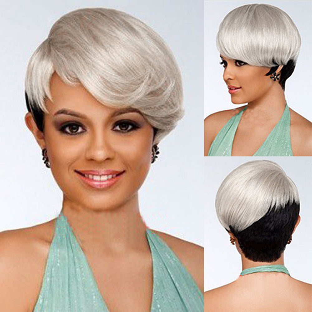 Black to White Mixed Color Women Wig Short Straight Cosplay Party Hairpiece