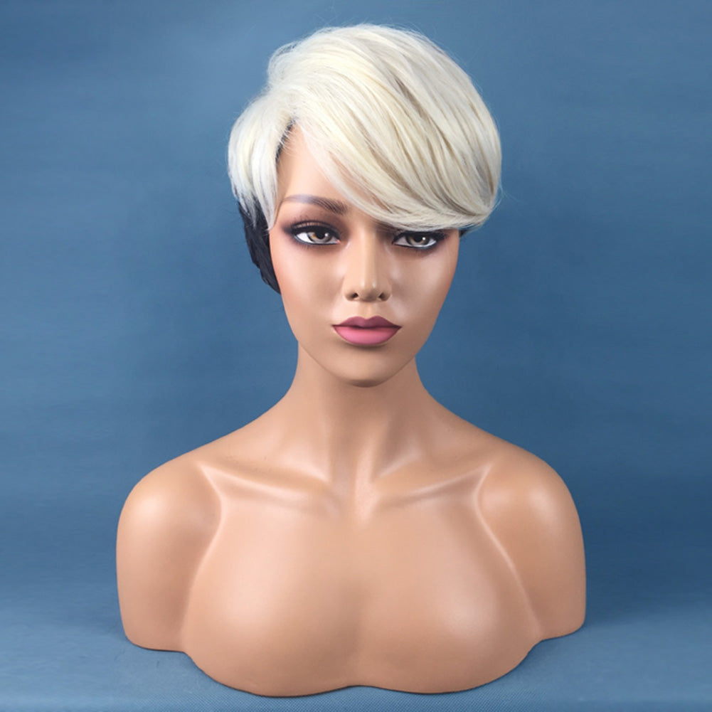 Black to White Mixed Color Women Wig Short Straight Cosplay Party Hairpiece