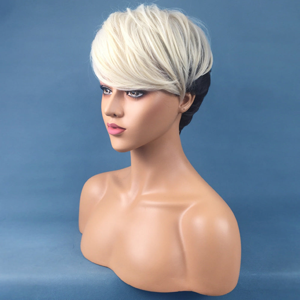 Black to White Mixed Color Women Wig Short Straight Cosplay Party Hairpiece