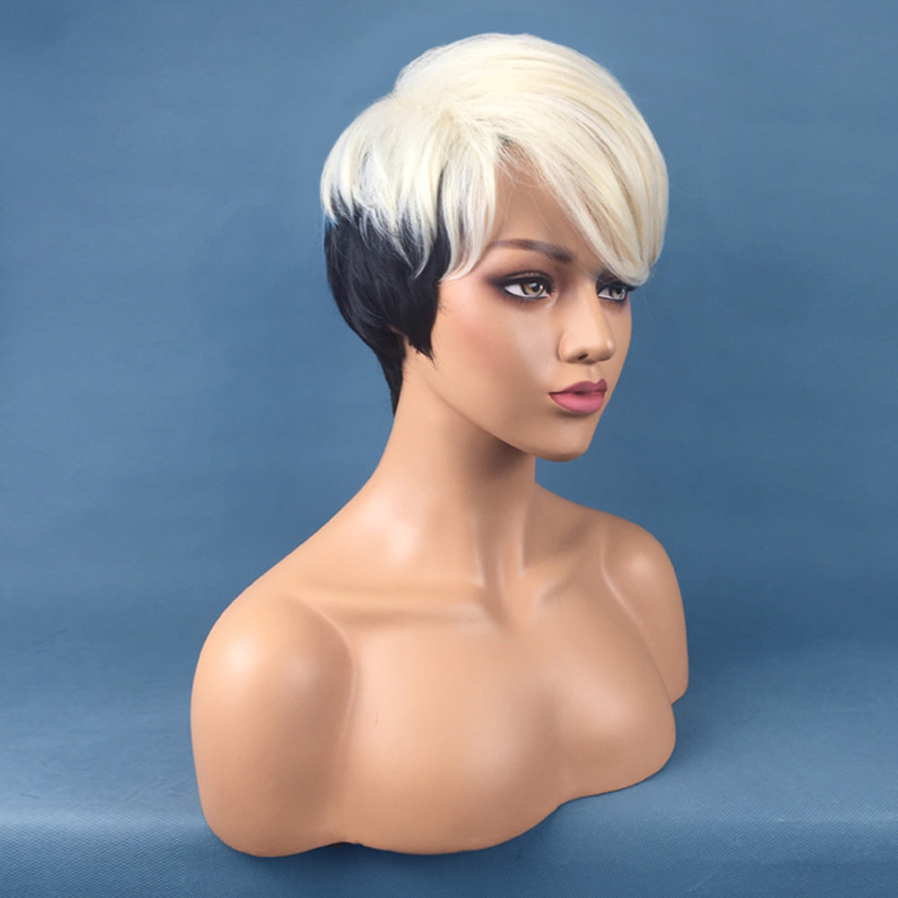 Black to White Mixed Color Women Wig Short Straight Cosplay Party Hairpiece
