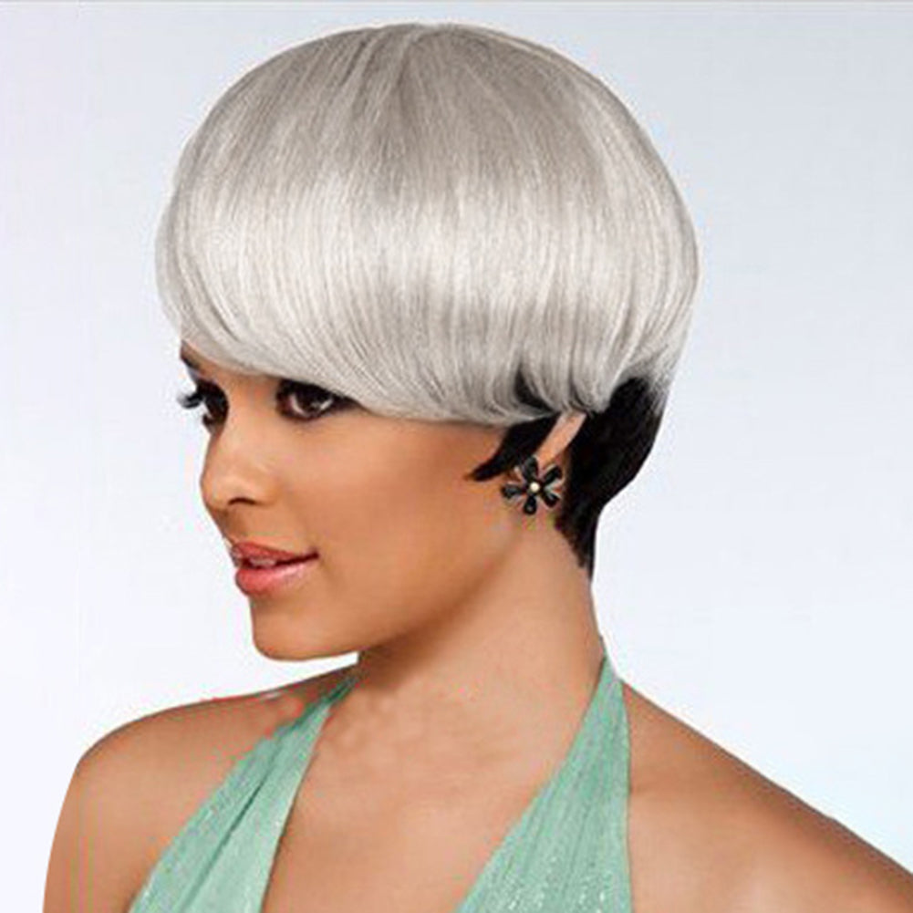 Black to White Mixed Color Women Wig Short Straight Cosplay Party Hairpiece