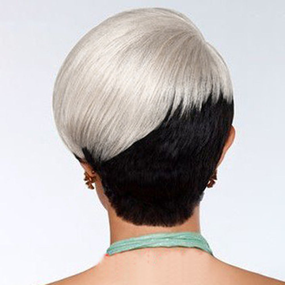 Black to White Mixed Color Women Wig Short Straight Cosplay Party Hairpiece