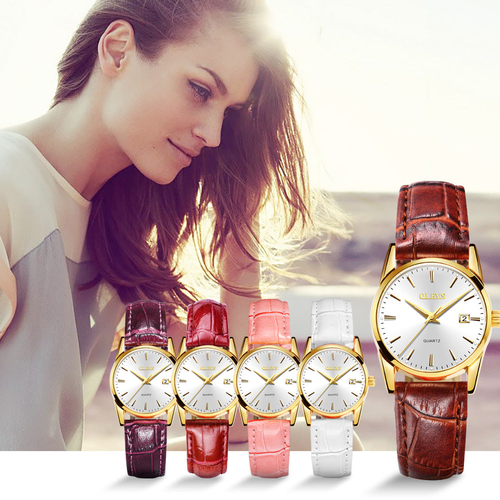 OLEVS New watch ladies fashion trend student watch leather belt double calendar waterproof female watch