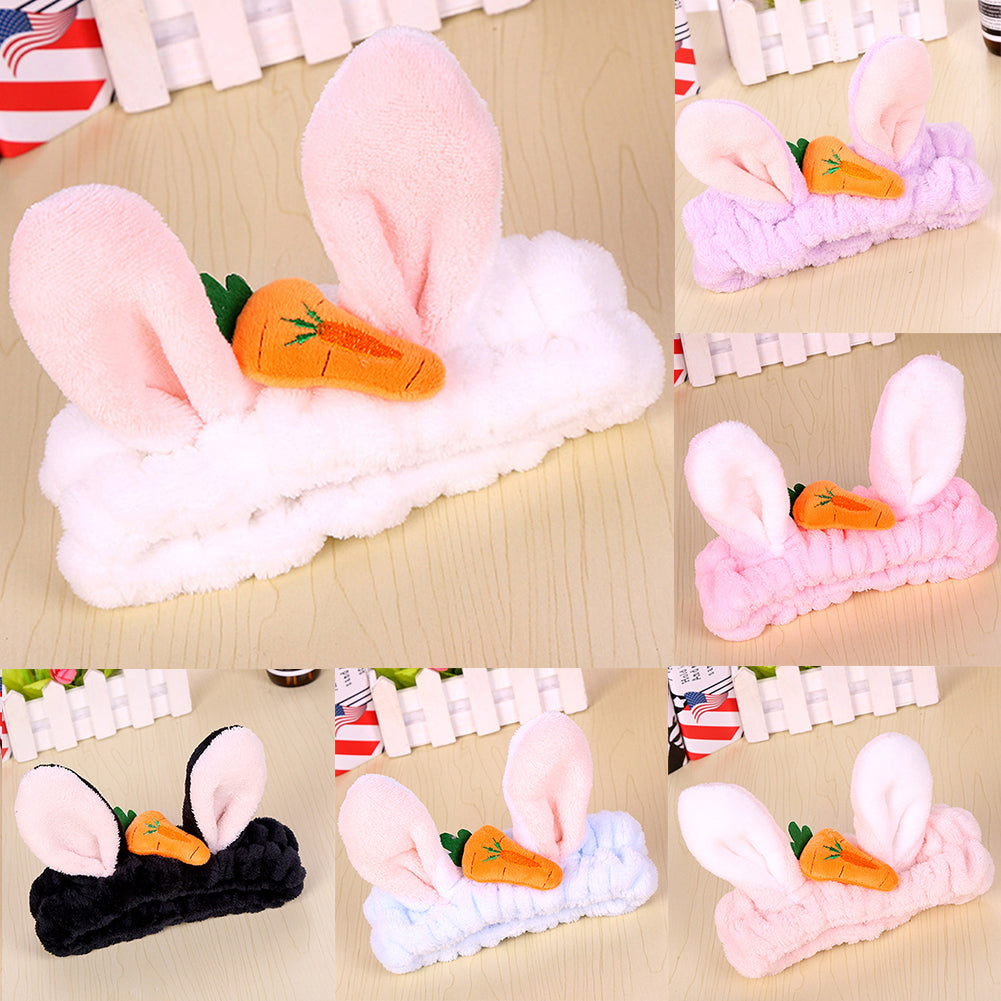Cute Carrot Rabbit Ears Flannel Headband Women Face Washing Elastic Hair Band