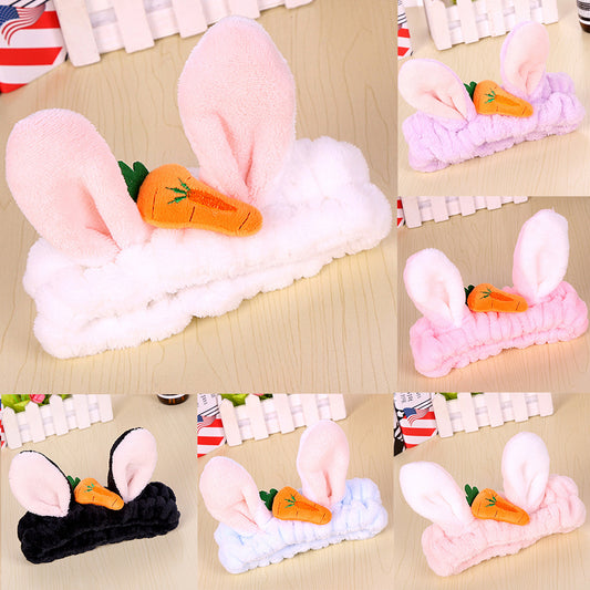 Cute Carrot Rabbit Ears Flannel Headband Women Face Washing Elastic Hair Band