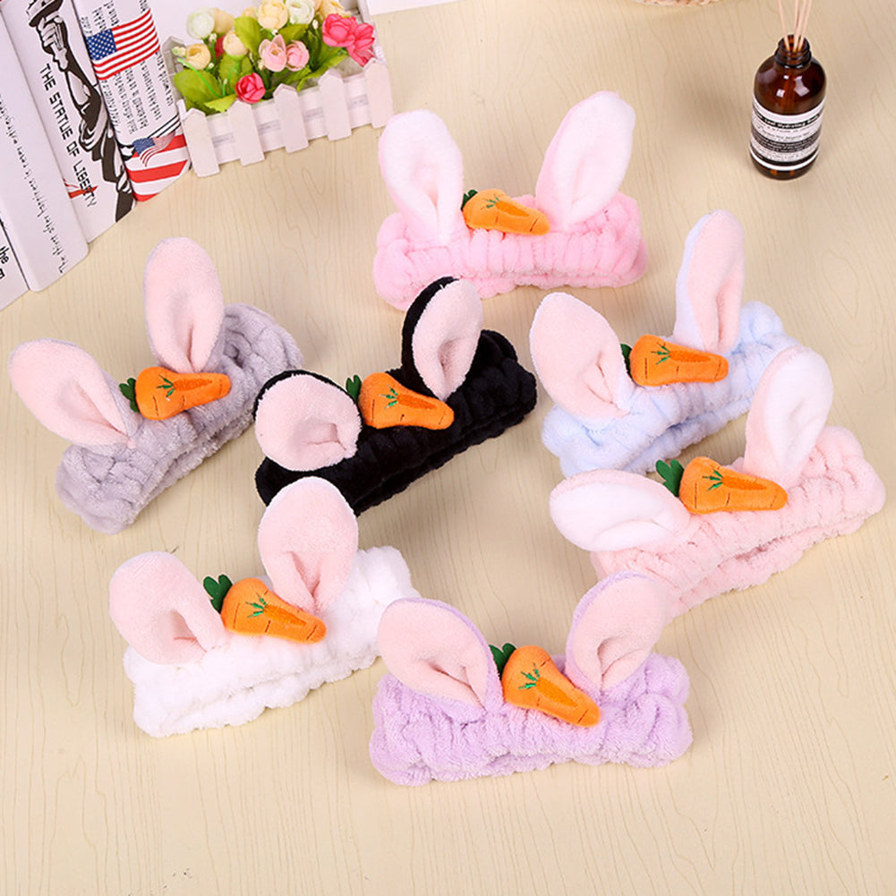 Cute Carrot Rabbit Ears Flannel Headband Women Face Washing Elastic Hair Band