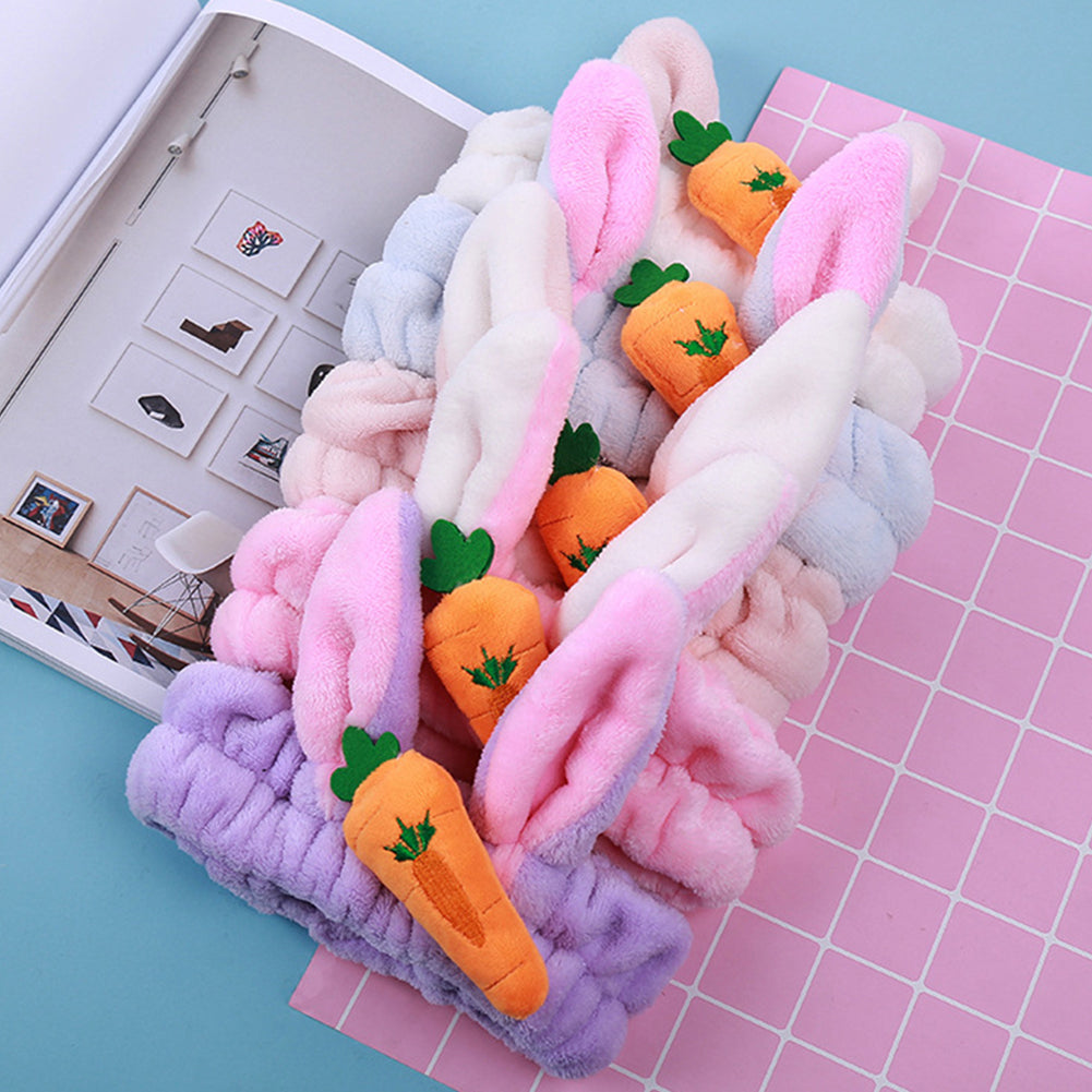 Cute Carrot Rabbit Ears Flannel Headband Women Face Washing Elastic Hair Band