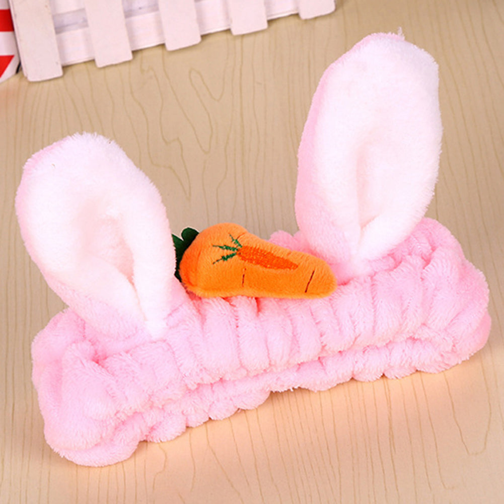 Cute Carrot Rabbit Ears Flannel Headband Women Face Washing Elastic Hair Band