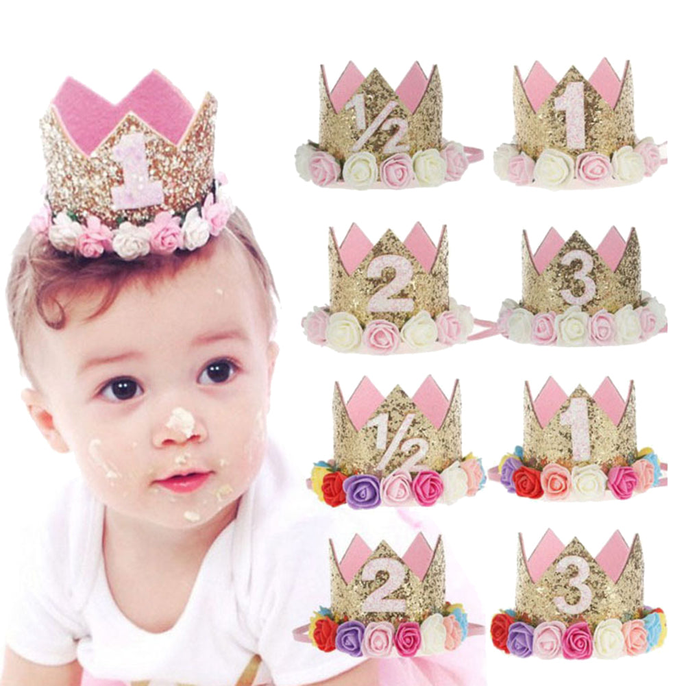 Baby Girl Sequin Number Flower Crown Headband Birthday Party Performing Headwear