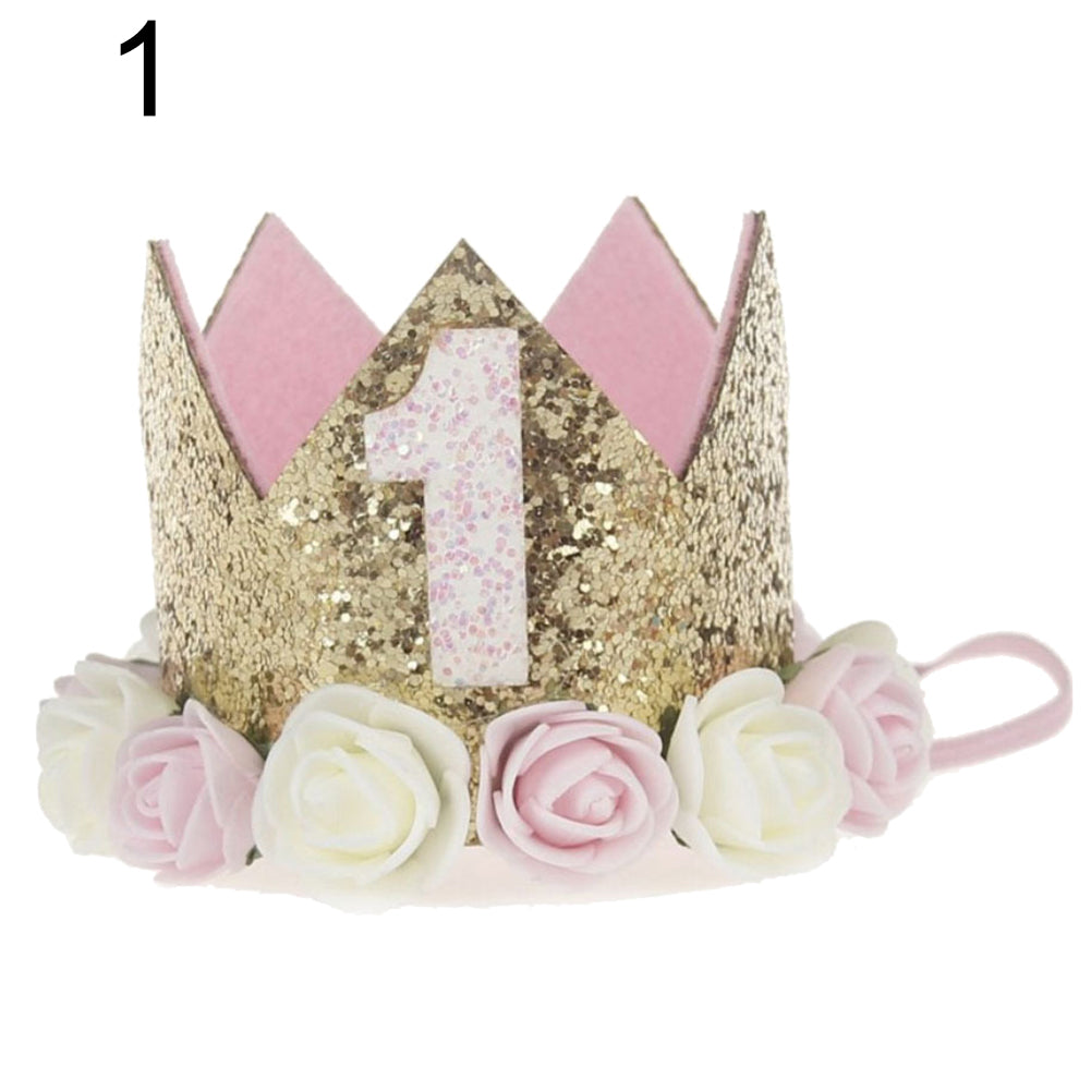 Baby Girl Sequin Number Flower Crown Headband Birthday Party Performing Headwear
