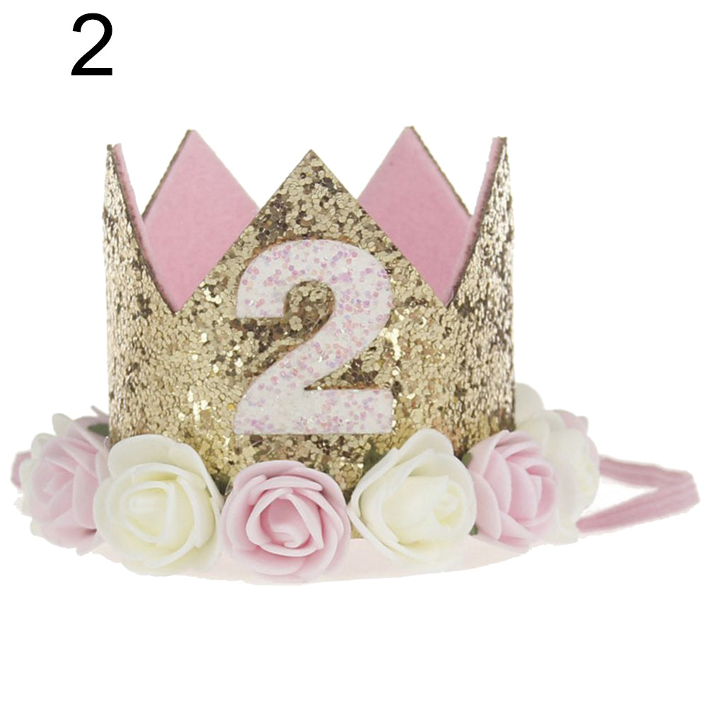 Baby Girl Sequin Number Flower Crown Headband Birthday Party Performing Headwear