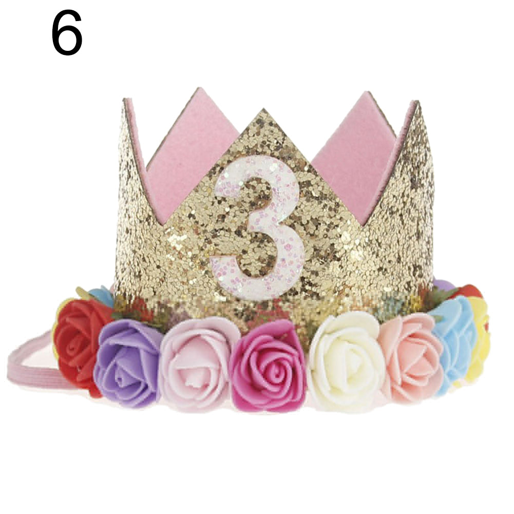 Baby Girl Sequin Number Flower Crown Headband Birthday Party Performing Headwear