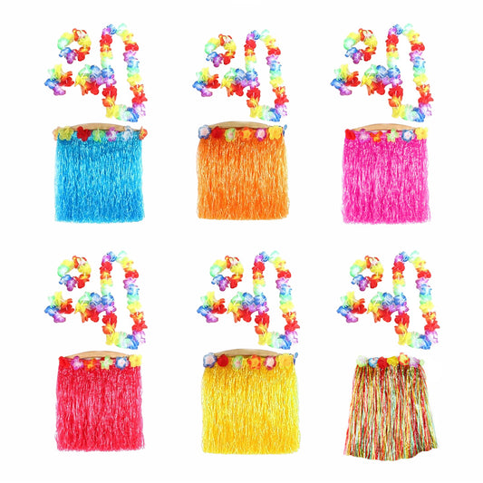 5Pcs Adult Hula Show Grass Skirt Garland Wristband Hawaiian Party Dress Decor