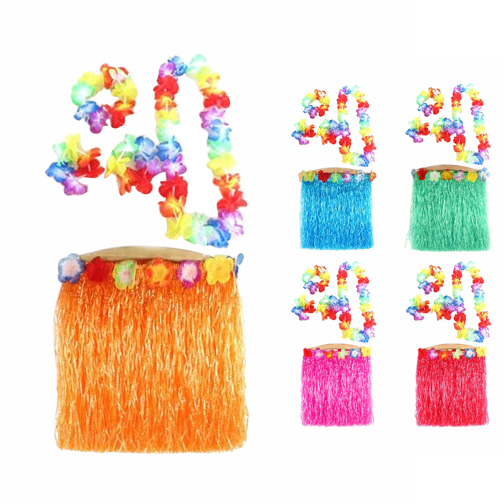 5Pcs Adult Hula Show Grass Skirt Garland Wristband Hawaiian Party Dress Decor