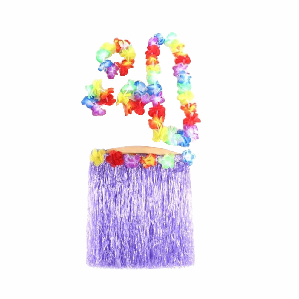 5Pcs Adult Hula Show Grass Skirt Garland Wristband Hawaiian Party Dress Decor