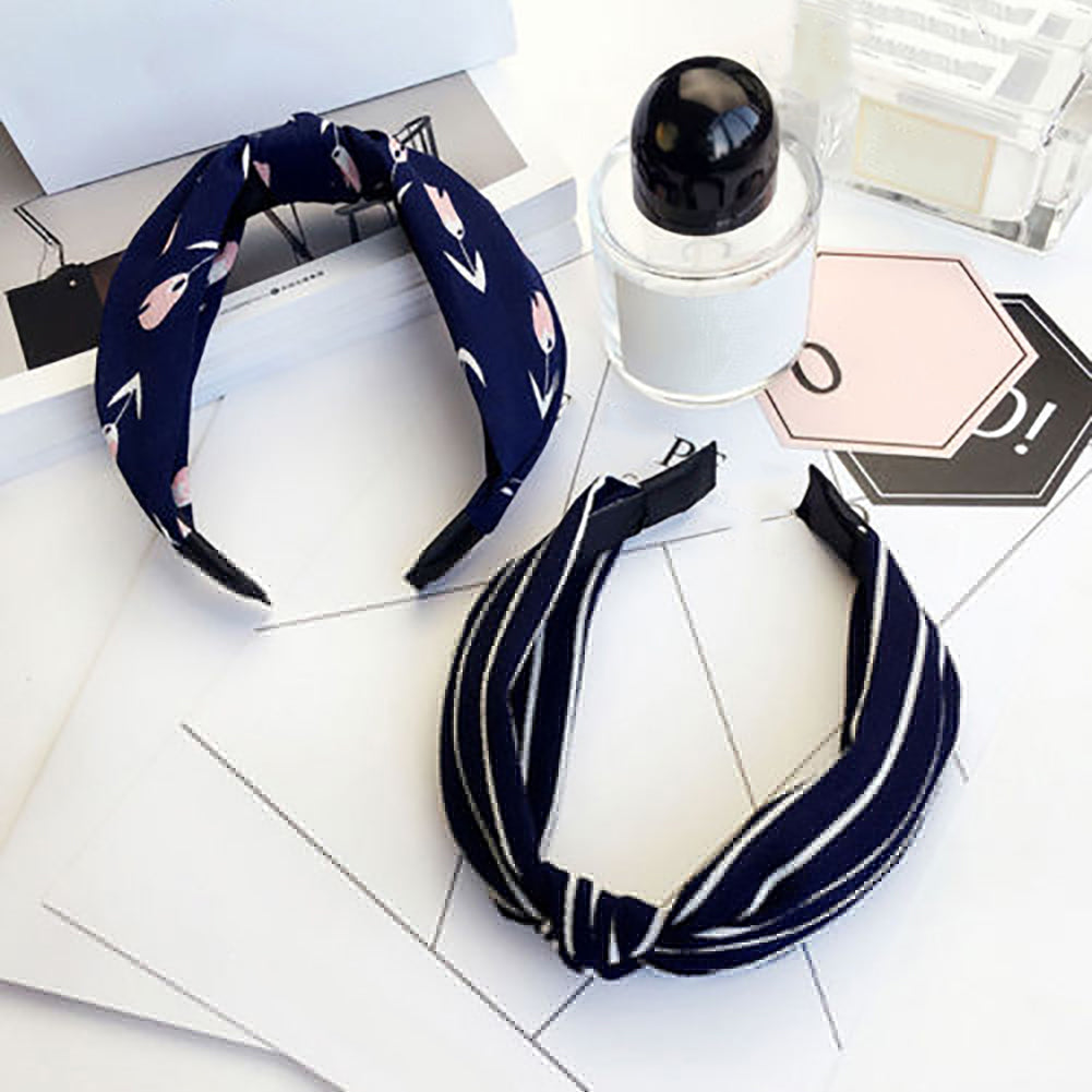 Fashion Women Floral Stripes Dots Printed Cross Knotting Hair Band Hoop Headband