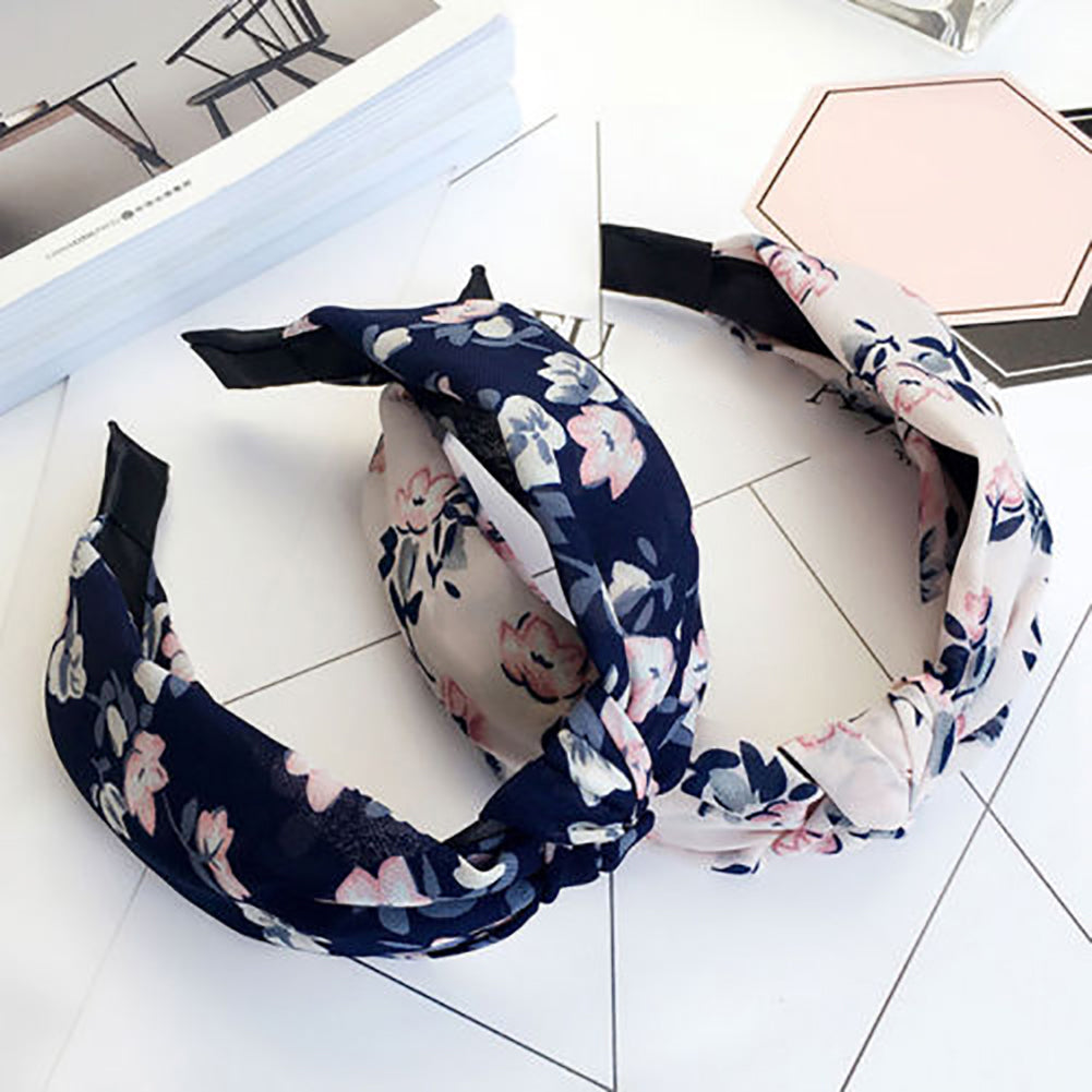 Fashion Women Floral Stripes Dots Printed Cross Knotting Hair Band Hoop Headband