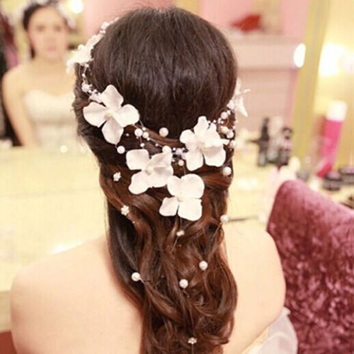 Women Bendable Faux Pearl Flower Wedding Party Bridal Headband Tiara Headwear