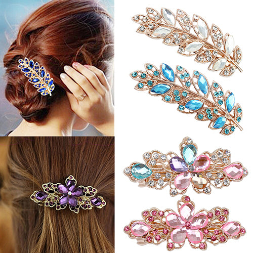 Women Fashion Flower Leaf Crystal Rhinestone Hair Barrette Clip Hairpin Jewelry