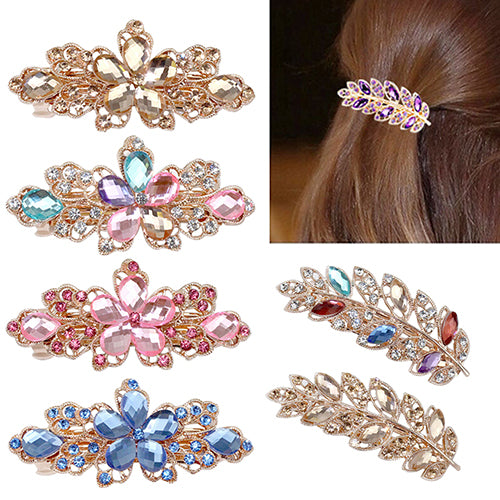 Women Fashion Flower Leaf Crystal Rhinestone Hair Barrette Clip Hairpin Jewelry