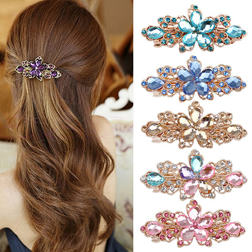 Women Fashion Flower Leaf Crystal Rhinestone Hair Barrette Clip Hairpin Jewelry