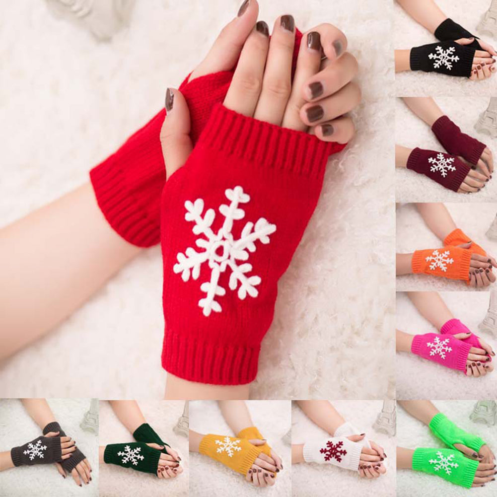 Lady Soft Winter Knitted Half Christmas Embroidery Snowflakes Fingerless Gloves