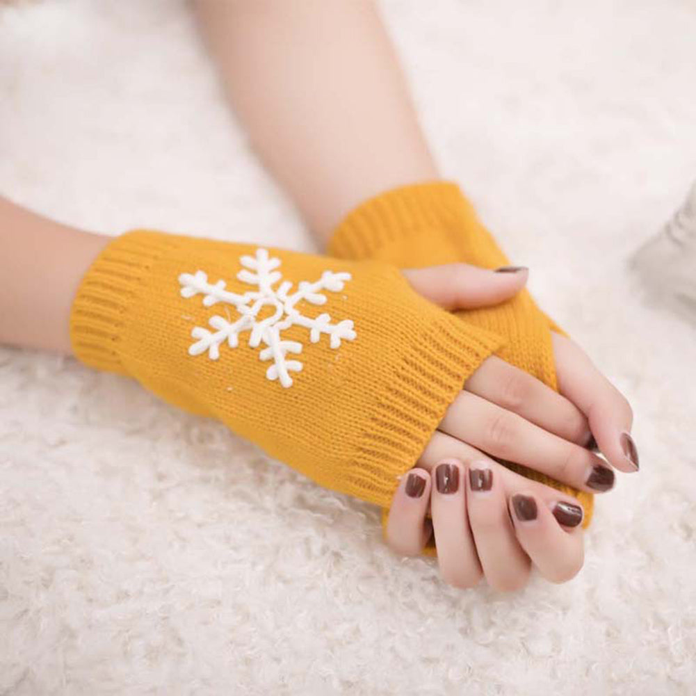Lady Soft Winter Knitted Half Christmas Embroidery Snowflakes Fingerless Gloves