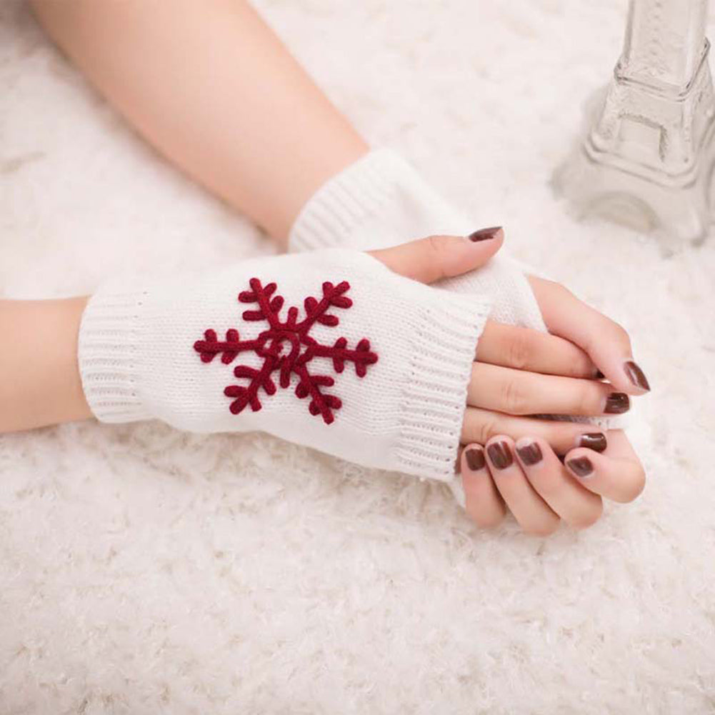 Lady Soft Winter Knitted Half Christmas Embroidery Snowflakes Fingerless Gloves
