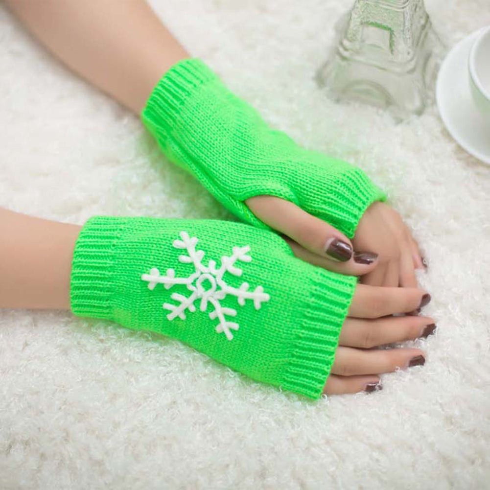 Lady Soft Winter Knitted Half Christmas Embroidery Snowflakes Fingerless Gloves