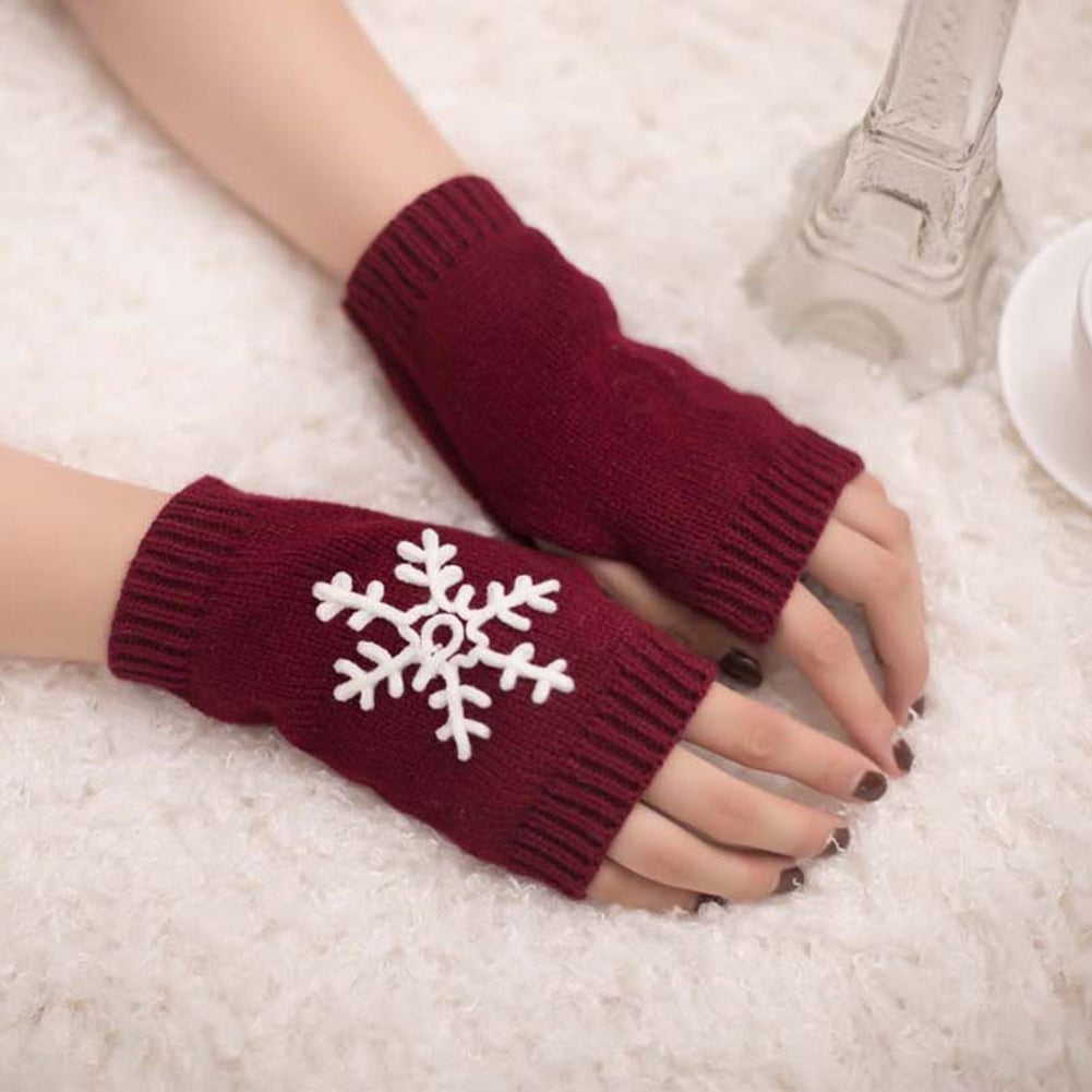 Lady Soft Winter Knitted Half Christmas Embroidery Snowflakes Fingerless Gloves
