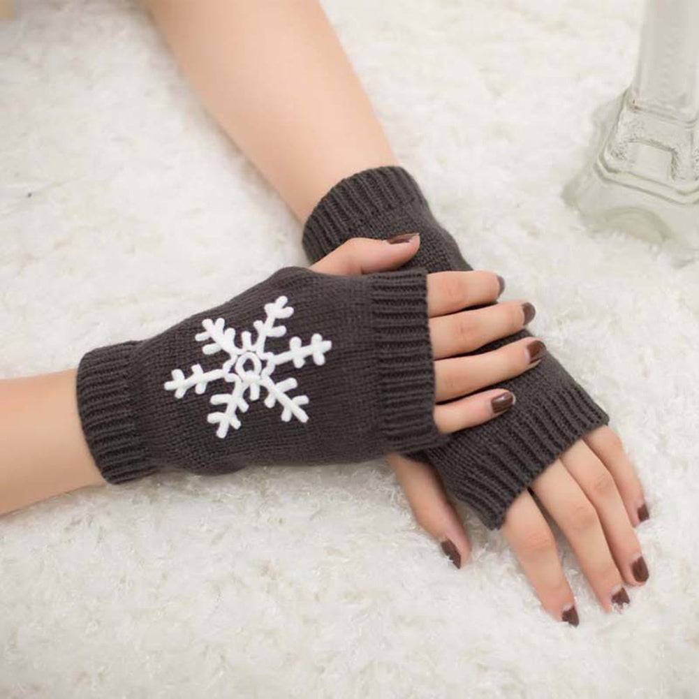 Lady Soft Winter Knitted Half Christmas Embroidery Snowflakes Fingerless Gloves