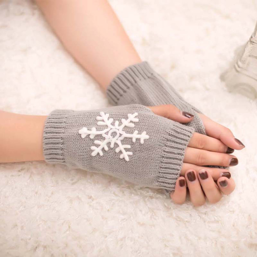 Lady Soft Winter Knitted Half Christmas Embroidery Snowflakes Fingerless Gloves