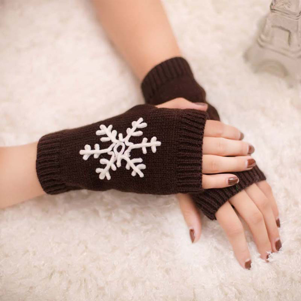 Lady Soft Winter Knitted Half Christmas Embroidery Snowflakes Fingerless Gloves