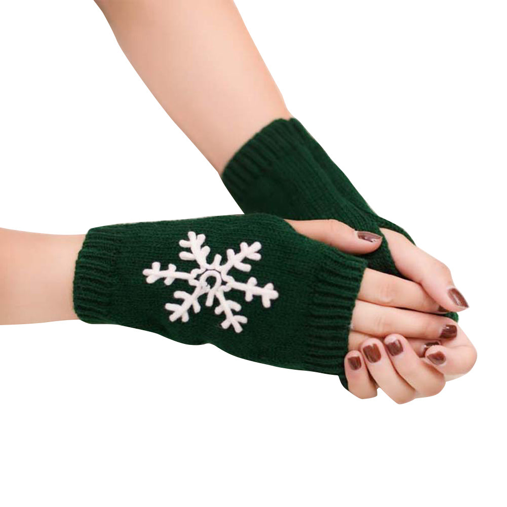 Lady Soft Winter Knitted Half Christmas Embroidery Snowflakes Fingerless Gloves