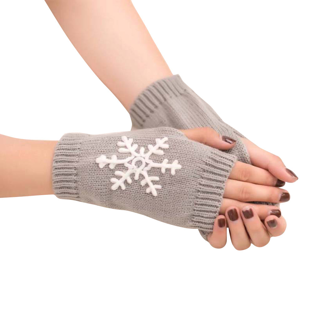 Lady Soft Winter Knitted Half Christmas Embroidery Snowflakes Fingerless Gloves