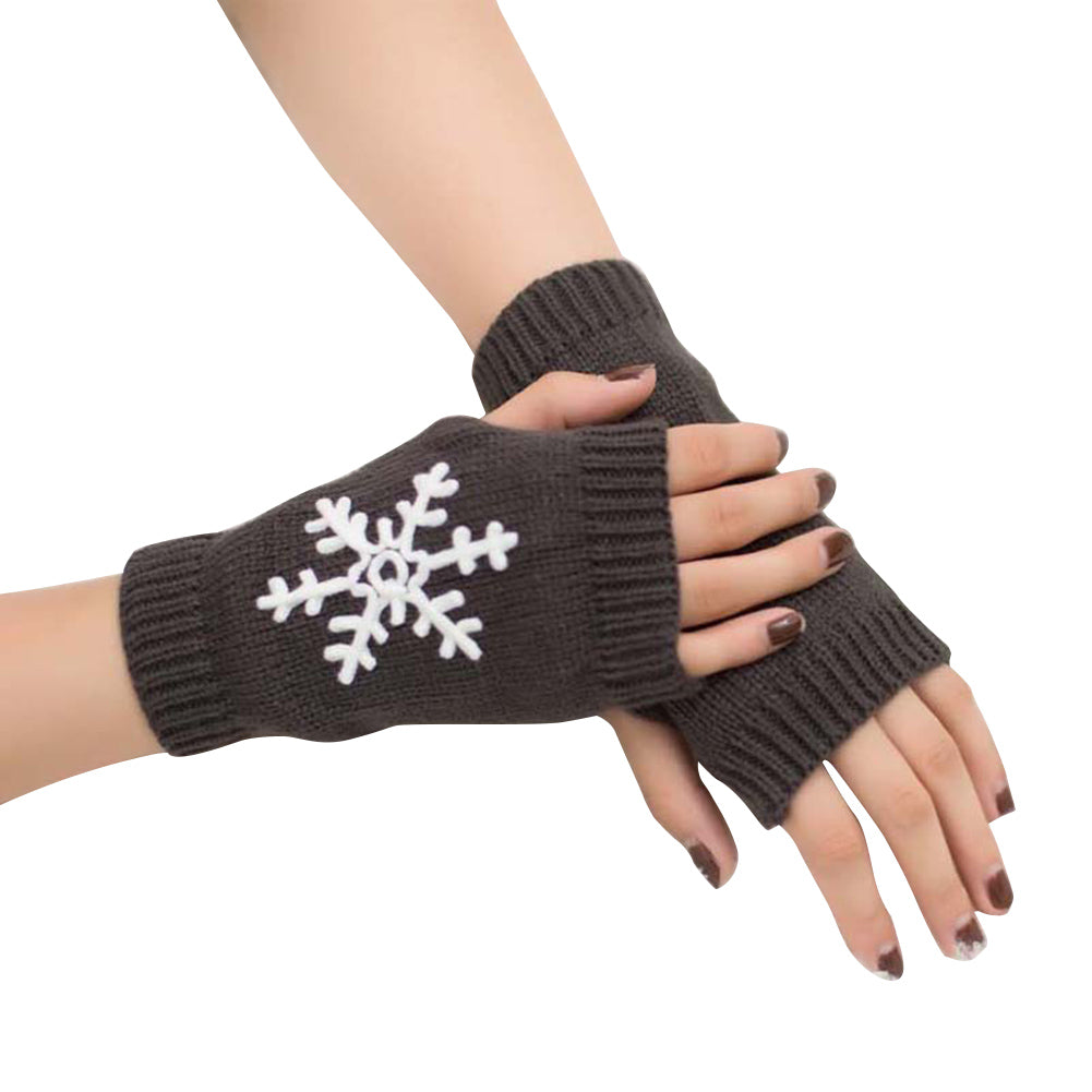 Lady Soft Winter Knitted Half Christmas Embroidery Snowflakes Fingerless Gloves