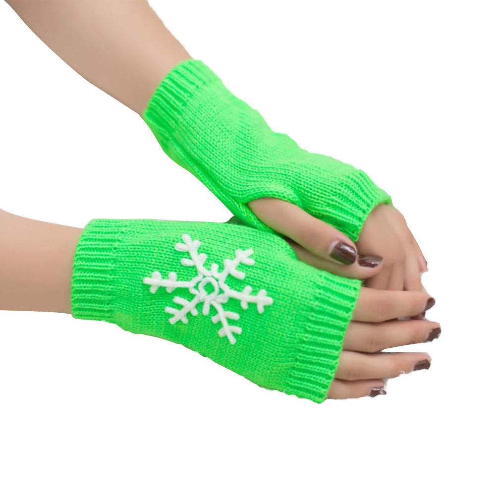 Lady Soft Winter Knitted Half Christmas Embroidery Snowflakes Fingerless Gloves