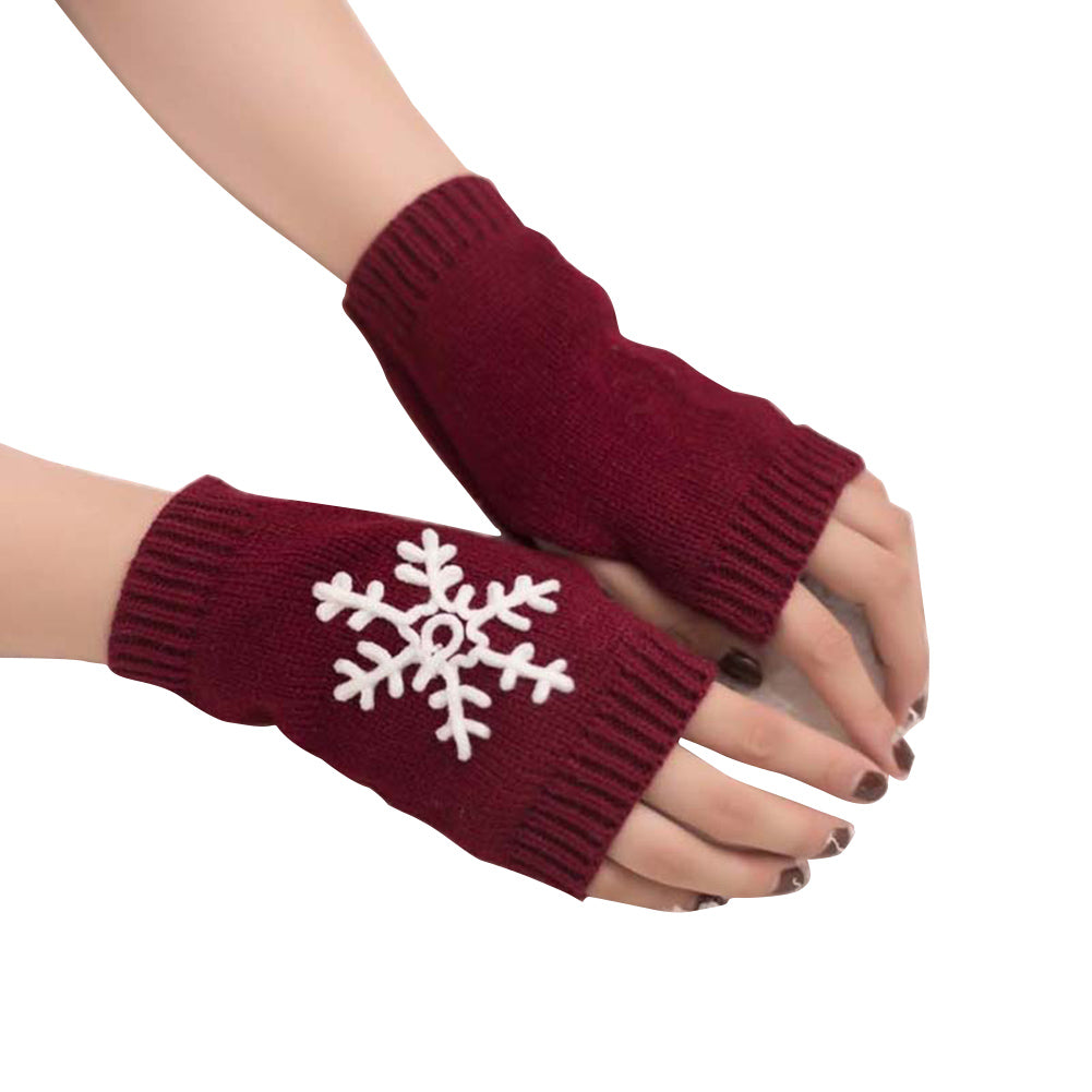 Lady Soft Winter Knitted Half Christmas Embroidery Snowflakes Fingerless Gloves