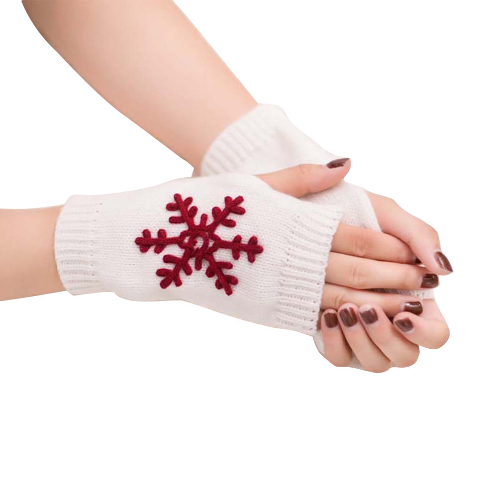 Lady Soft Winter Knitted Half Christmas Embroidery Snowflakes Fingerless Gloves